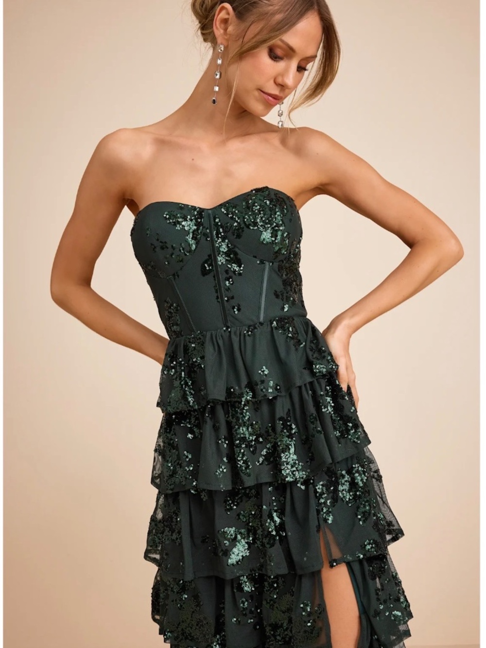 NWT Lulus Definite Glamour Emerald Sequin Strapless Bustier Maxi Dress M - Picture 4 of 5